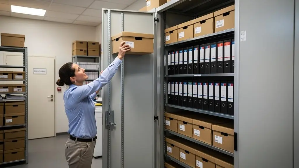 Employé debout devant une armoire métallique haute ouverte, tendant le bras pour saisir une boîte de rangement sur une étagère supérieure.