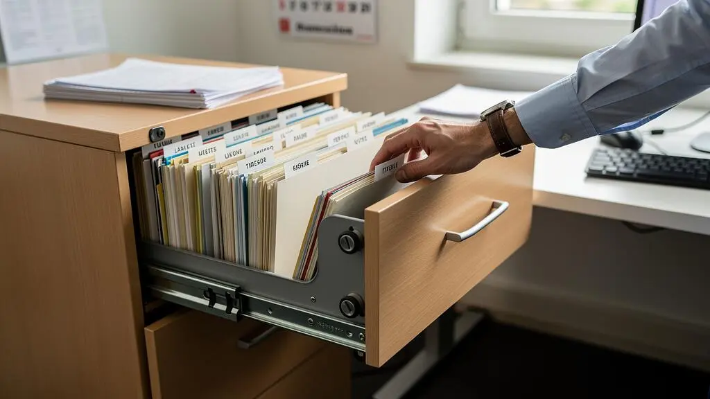 Caisson mobile de bureau à tiroirs ouvert, avec une main saisissant un dossier suspendu dans le tiroir supérieur.