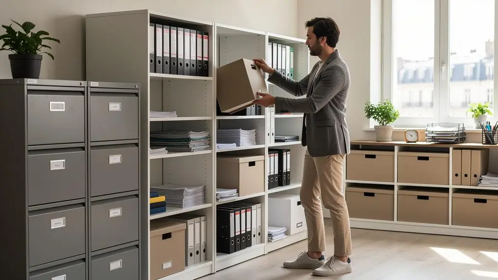 Professionnel debout utilisant une étagère de rangement dans un bureau équipé de plusieurs types de meubles de stockage : caissons, étagères modulaires et armoires basses.
