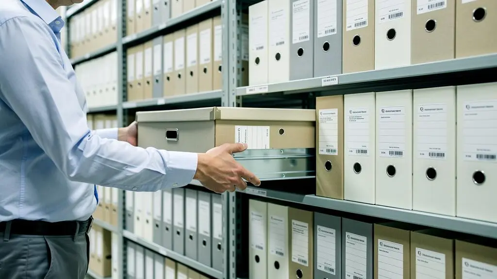 Professionnel sortant une boîte d'archives d'un rayonnage métallique spécialisé dans un local de stockage documentaire.